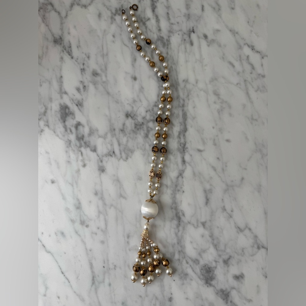 Faux Pearl & Gold Beaded Tassel Necklace Custom Jewelry